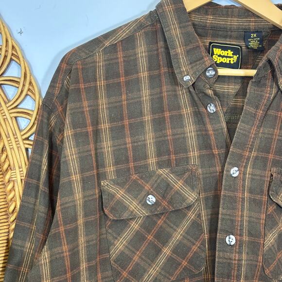 Brown Plaid Flannel Shirt 2X Work n Sport Button Down Outdoorswear | Dark Autumn - Picture 6 of 7